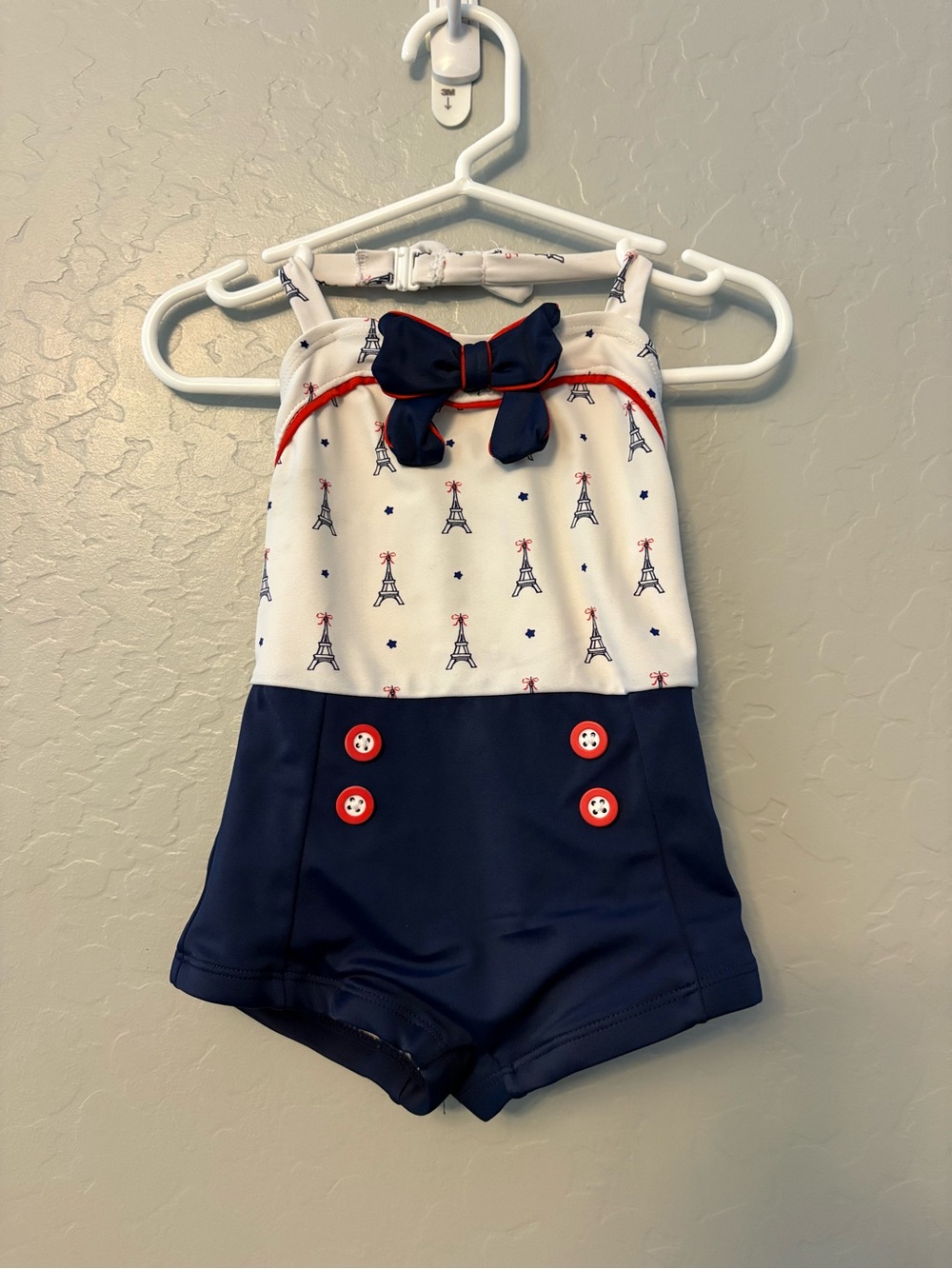 Janie and Jack white and navy Eiffel Tower print vintage style swim 12-18 months